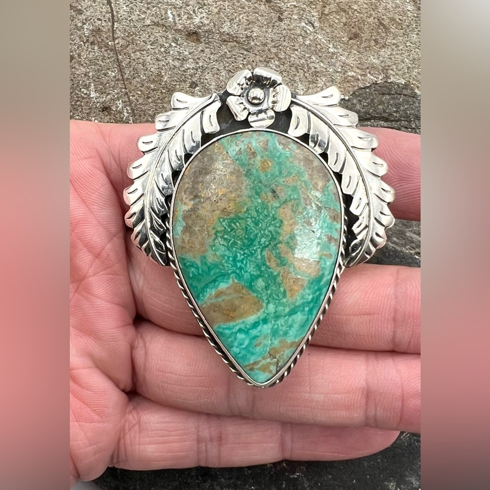 Signed Navajo Native American Sterling Silver Natural Turquoise Adjustable Ring - Picture 3 of 6